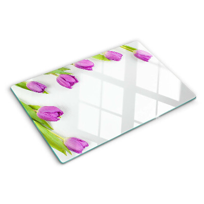 Üveg vágódeszka fényképpel Tulipánok fehér alapon