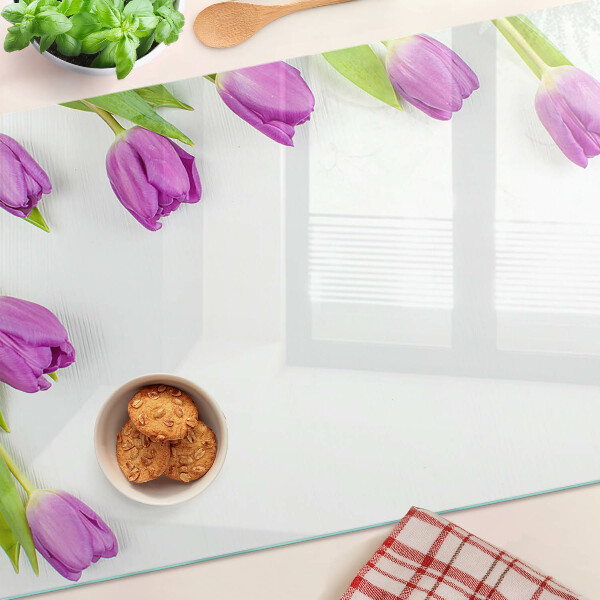 Üveg vágódeszka fényképpel Tulipánok fehér alapon