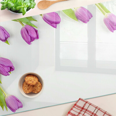 Üveg vágódeszka fényképpel Tulipánok fehér alapon