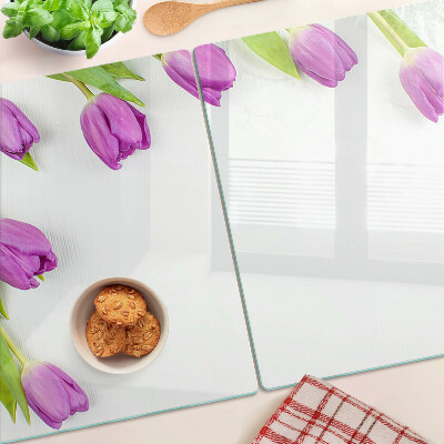 Üveg vágódeszka fényképpel Tulipánok fehér alapon