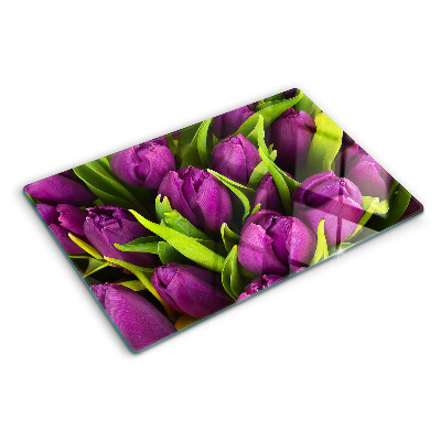 Üveg vágódeszka fényképpel Lila tulipánok zöld levelekkel
