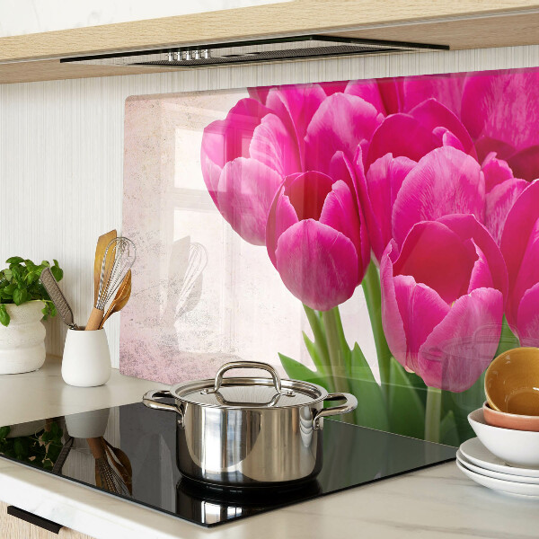 Üveg vágódeszka Tulipán virágok rózsaszín háttérrel