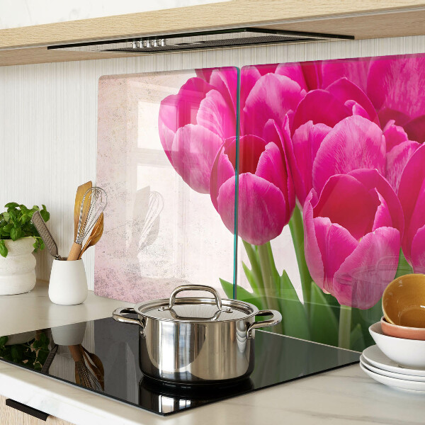Üveg vágódeszka Tulipán virágok rózsaszín háttérrel