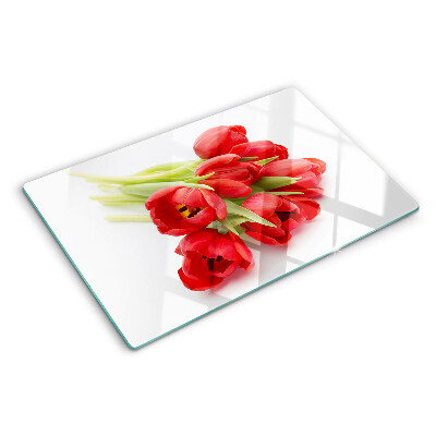 Üveg vágódeszka fényképpel Piros tulipánok fehér alapon