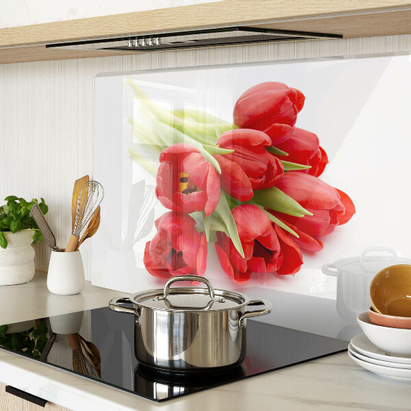 Üveg vágódeszka fényképpel Piros tulipánok fehér alapon