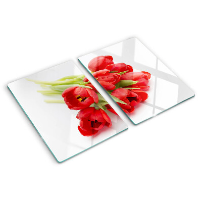 Üveg vágódeszka fényképpel Piros tulipánok fehér alapon