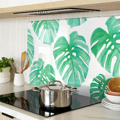 Edzett üveg vágódeszka Monstera levelek fehér alapon