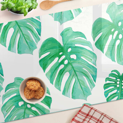 Edzett üveg vágódeszka Monstera levelek fehér alapon