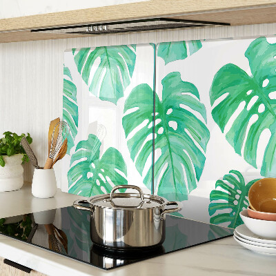 Edzett üveg vágódeszka Monstera levelek fehér alapon