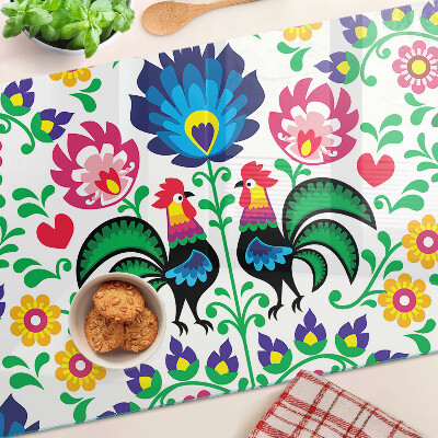 Üveg vágódeszka fényképpel Népi motívum kakasokkal