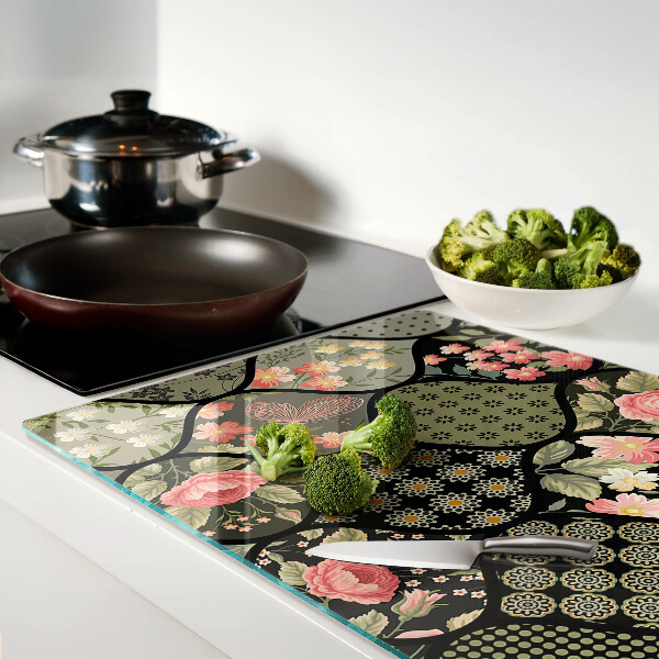 Üveg vágódeszka Virágos patchwork geometrikus mintákkal