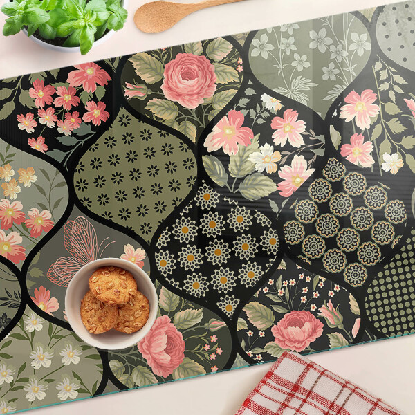 Üveg vágódeszka Virágos patchwork geometrikus mintákkal