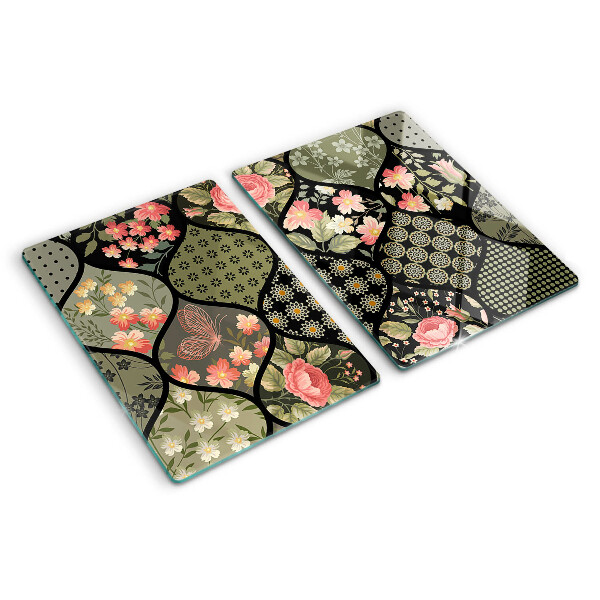 Üveg vágódeszka Virágos patchwork geometrikus mintákkal