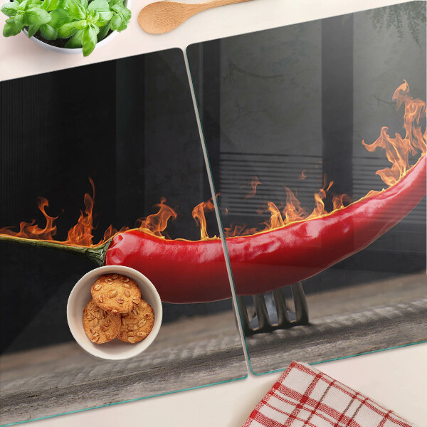 Üveg vágódeszka fényképpel Tűz és chili paprika