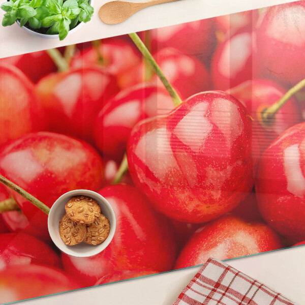 Üveg vágódeszka fényképpel Cseresznye piros alapon