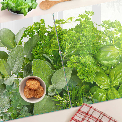 Edzett üveg vágódeszka Zöld fűszernövények és levelek