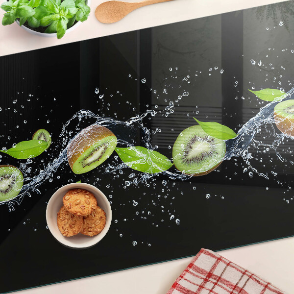 Üveg vágódeszka fényképpel Kiwi vízben levelekkel