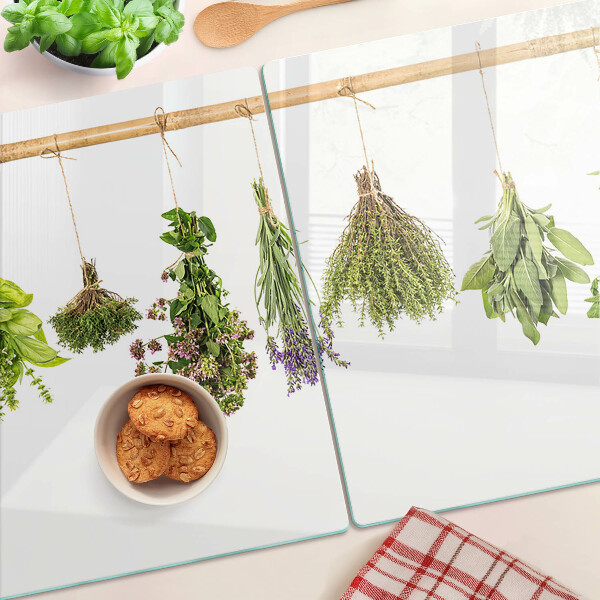 Üveg vágódeszka fényképpel Zsinóron szárított gyógynövények