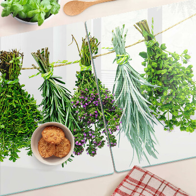 Üveg vágódeszka Szárított gyógynövények egy madzagon