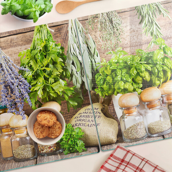 Üveg vágódeszka fényképpel Fűszerek és gyógynövények a konyhában