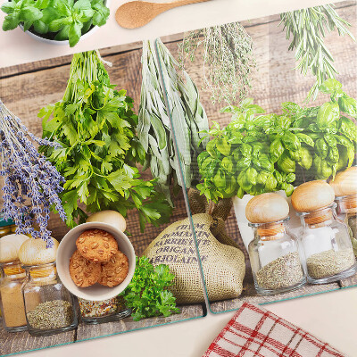 Üveg vágódeszka fényképpel Fűszerek és gyógynövények a konyhában