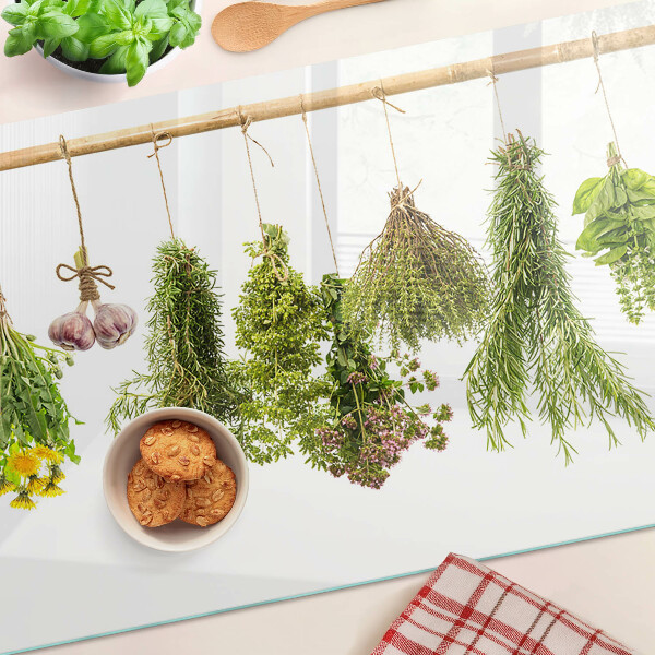 Üveg vágódeszka fényképpel Lógó csokrokba állított gyógynövények