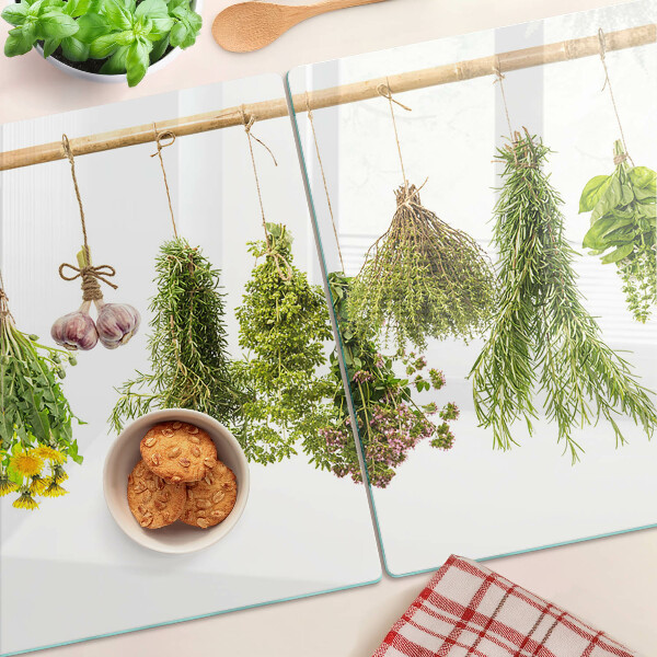 Üveg vágódeszka fényképpel Lógó csokrokba állított gyógynövények