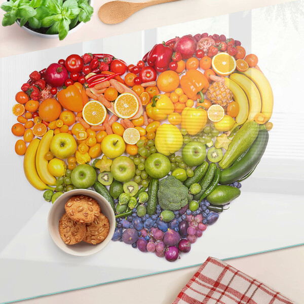 Üveg vágódeszka fényképpel Szivárványos gyümölcsszív