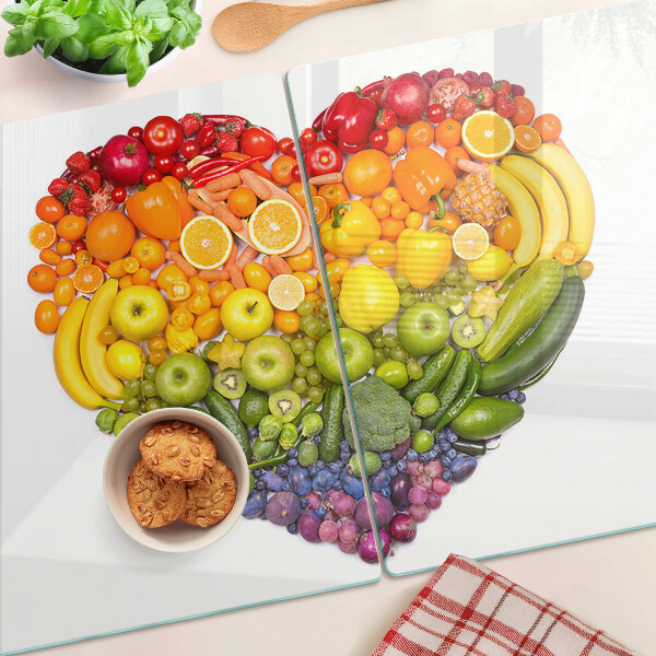 Üveg vágódeszka fényképpel Szivárványos gyümölcsszív