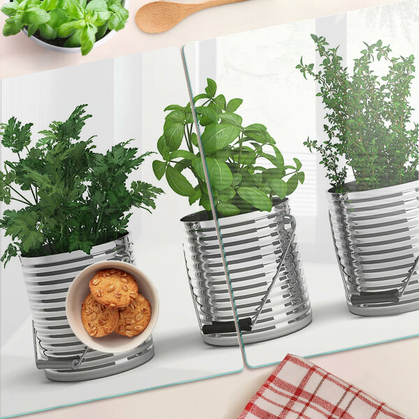 Üveg vágódeszka fényképpel Fém cserepekben lévő növények