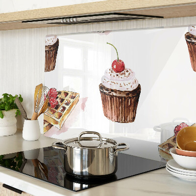 Üveg vágódeszka fényképpel Gofri és cupcakes cseresznyével