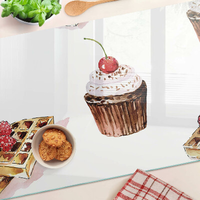 Üveg vágódeszka fényképpel Gofri és cupcakes cseresznyével