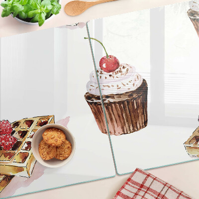 Üveg vágódeszka fényképpel Gofri és cupcakes cseresznyével
