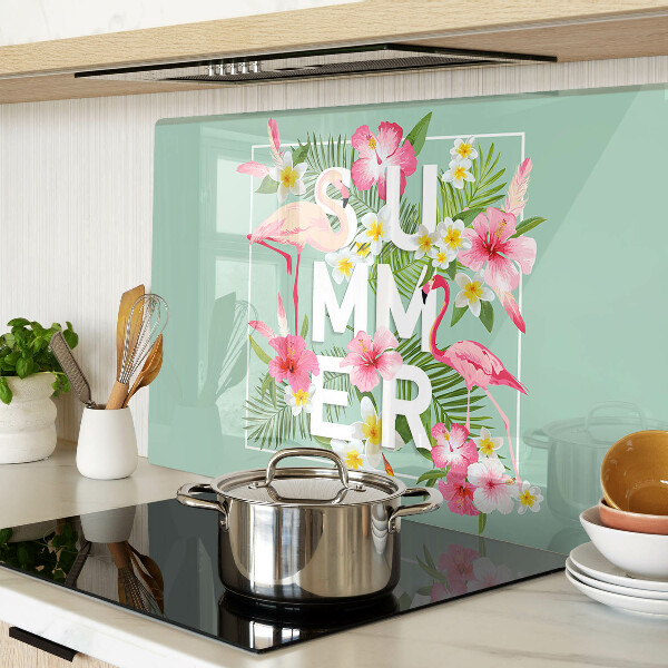 Üveg vágódeszka fényképpel Nyári virágok és flamingók