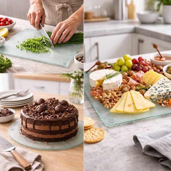 Edzett üveg vágódeszka hatszögletű, félig átlátszó kivitelben