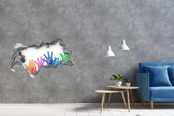 3d lyuk fal dekoráció Örömteli kezek a beton hátterében