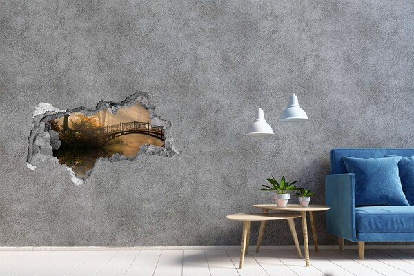 3d lyuk fal dekoráció Egy híd egy ködös parkban