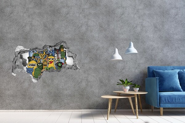 Lyuk 3d fali matrica Színes szörnyek egy lyukban a falban