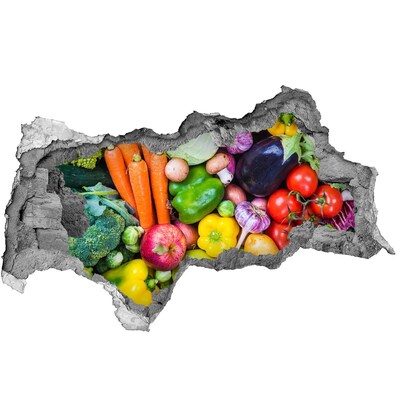 Lyuk 3d fali matrica Színes zöldségek és gyümölcsök egy lyukban a falban
