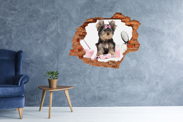 3d fali matrica lyuk a falban Egy édes Yorkshire Terrier rózsaszín masnival
