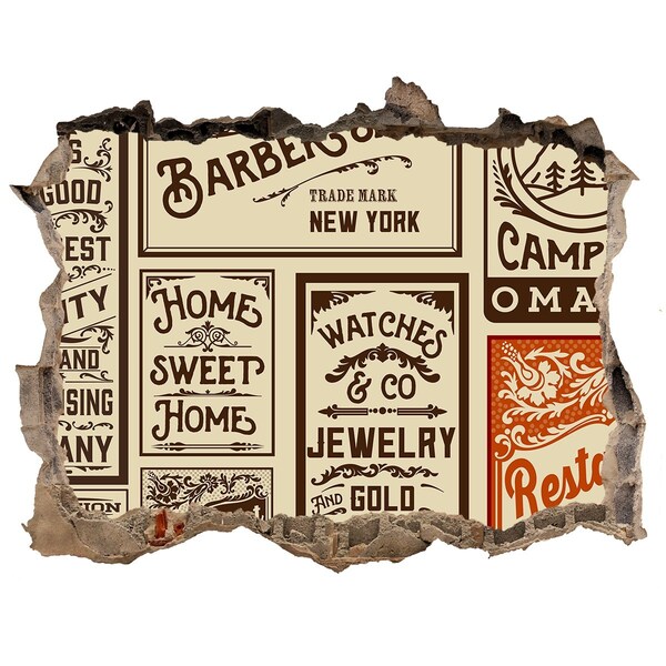 3d lyuk fal dekoráció Stílusos vintage plakátok a falon a háttérben