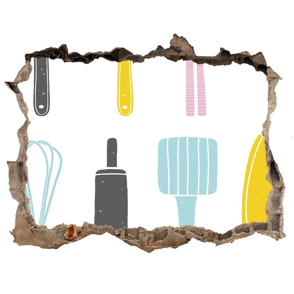 3d lyuk fal dekoráció Konyhai eszközök egy lyukban a falban