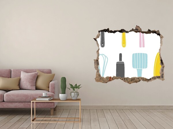 3d lyuk fal dekoráció Konyhai eszközök egy lyukban a falban