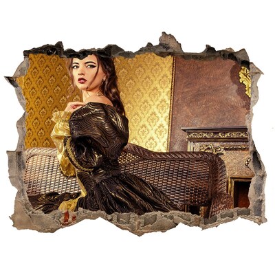 3d lyuk fal dekoráció Egy nő elegáns ruhában, stílusos belső térben