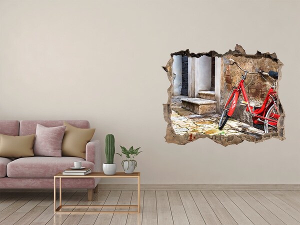 3d lyuk fal dekoráció Egy piros bicikli egy bájos utcában
