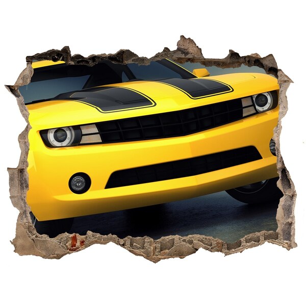 3d lyuk fal dekoráció Egy romos fal egy sárga autóval