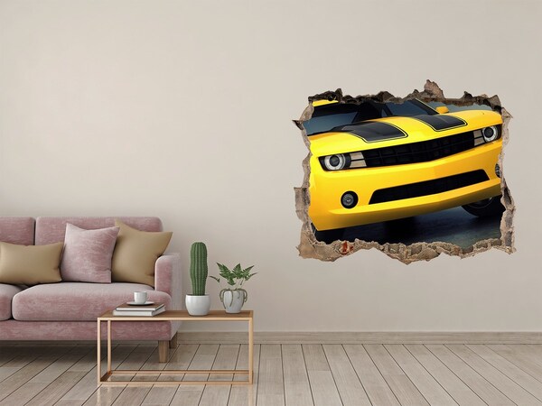3d lyuk fal dekoráció Egy romos fal egy sárga autóval
