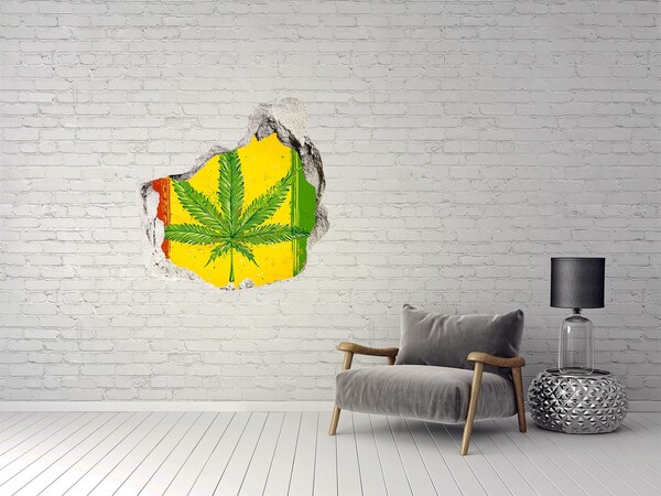 3d lyuk fal dekoráció Zöld kannabiszlevél sárga-piros-zöld alapon