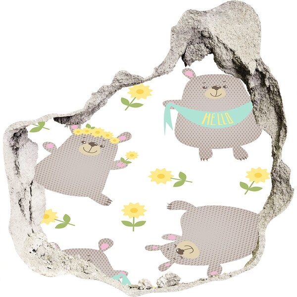 3d lyuk fal dekoráció Mosolygós plüssmackók virágos környezetben