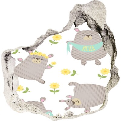 3d lyuk fal dekoráció Mosolygós plüssmackók virágos környezetben